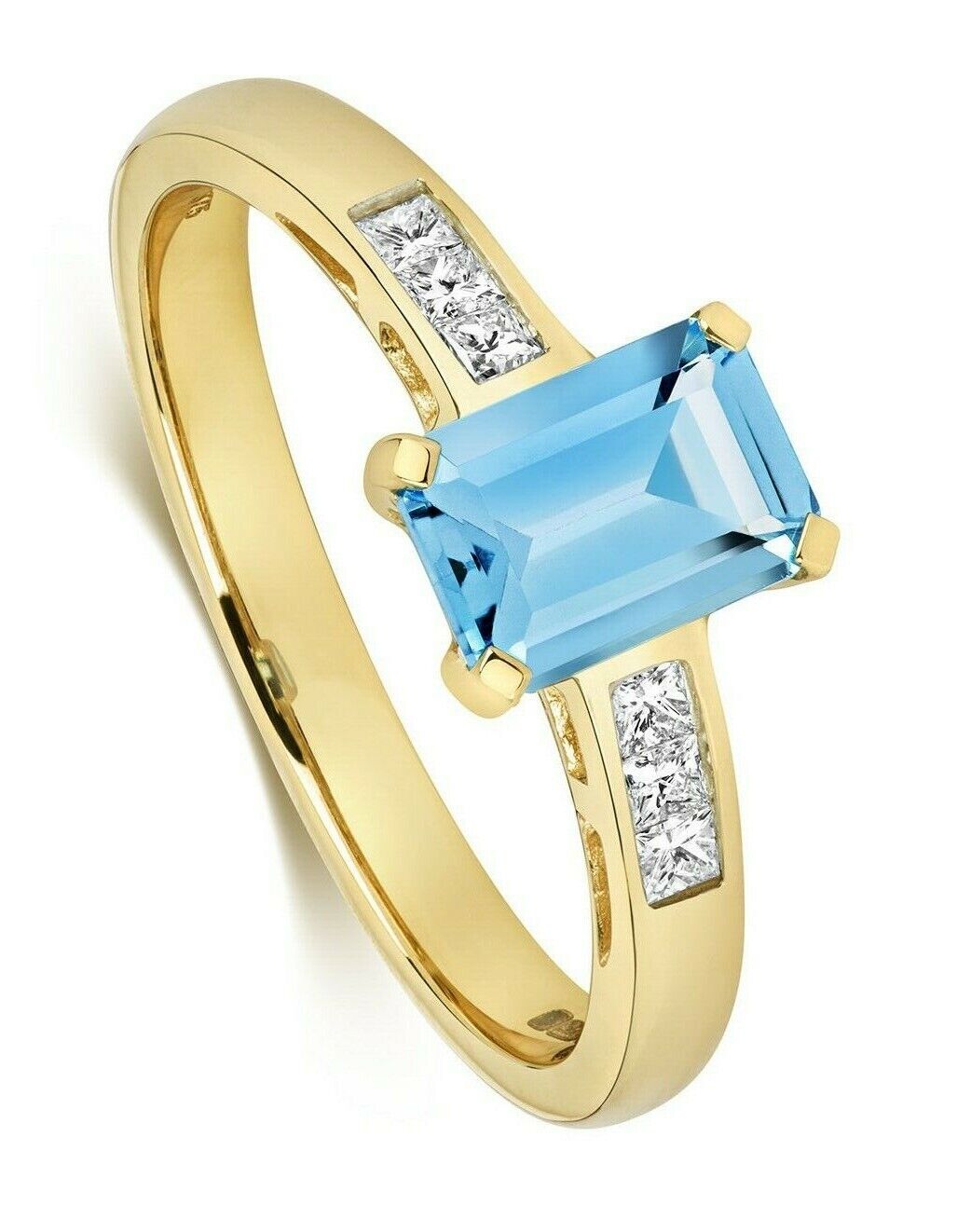 Real Swiss Blue Topaz and Diamond Ring 9ct Yellow Gold Emerald Cut Solitaire