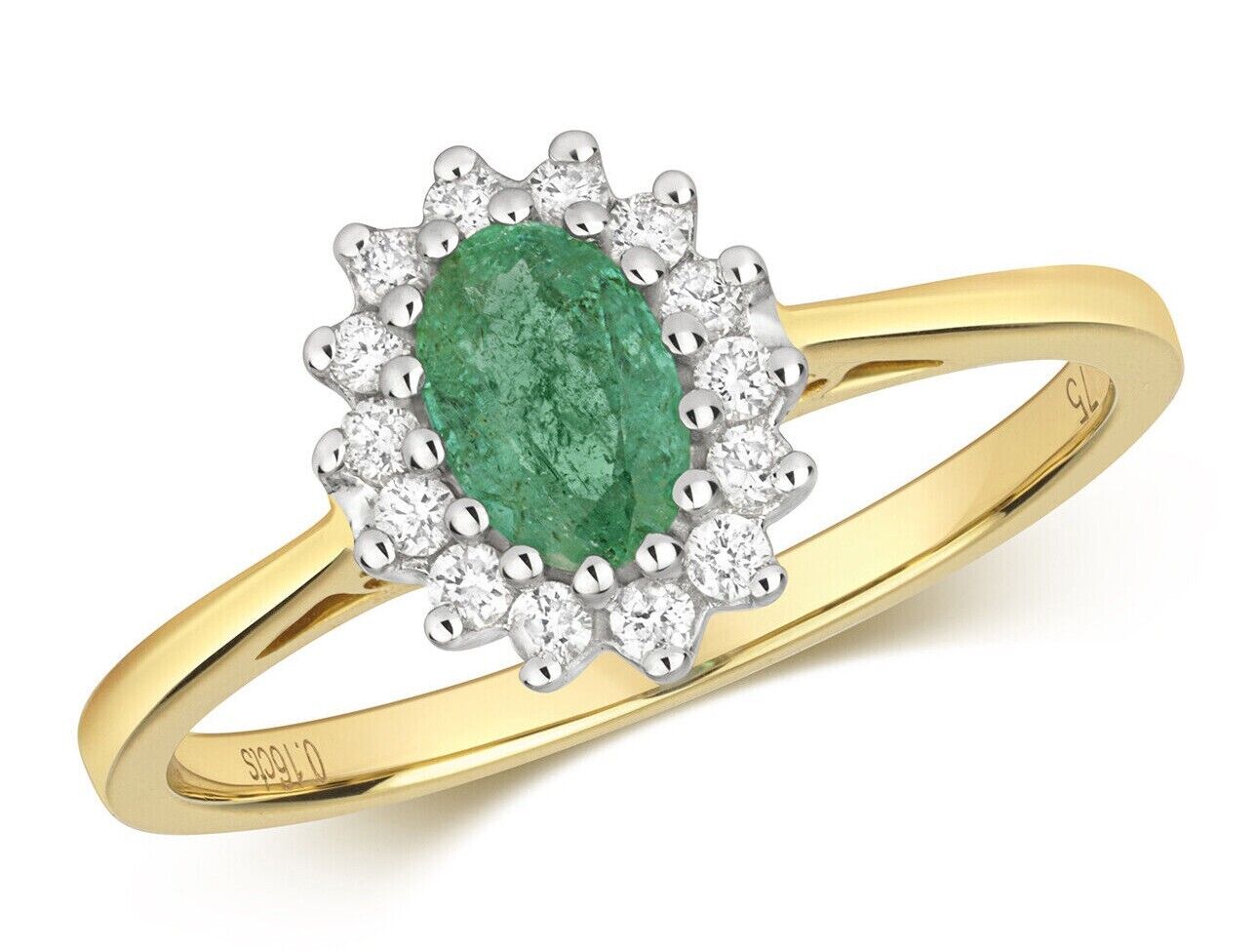 Real Emerald and Diamond Ring 9ct Yellow Gold Oval Cluster Engagement
