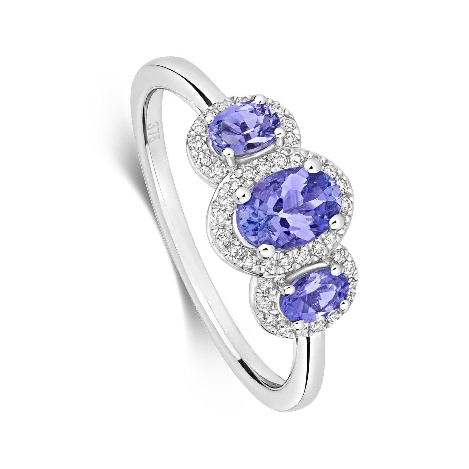 Real Tanzanite and Diamond Ring 9ct White Gold Three Stone Size J - Q
