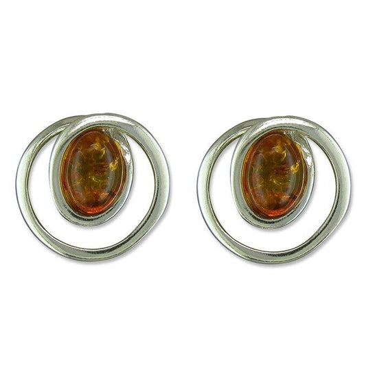 Cognac Amber Round Swirl Stud Earrings 13mm Solid Sterling Silver 925