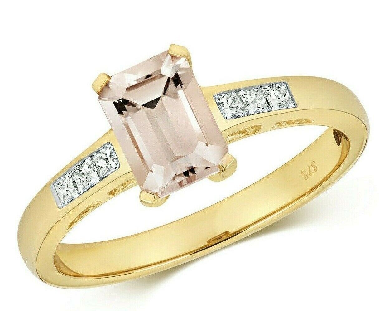 Real Morganite and Diamond Ring 9ct Yellow Gold Emerald Cut Solitaire Engagement