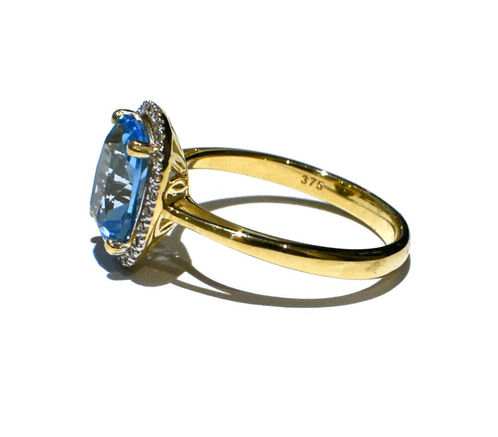 9ct Yellow Gold Blue Topaz and Diamond Ring Oblong Cushion Halo Size JKLMNOPQ