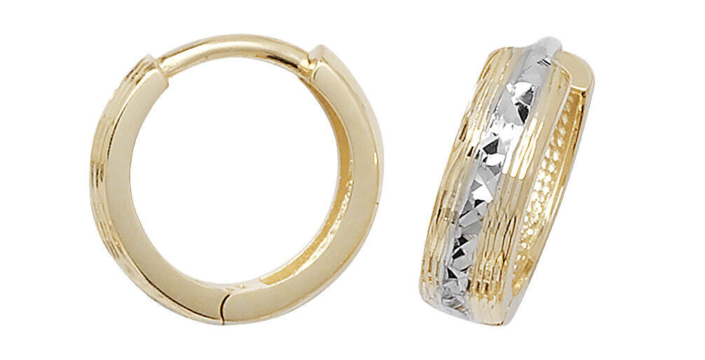 Two Colour Gold Huggie Earrings Diamond Cut Hoop 13mm British made 9ct Hallmark