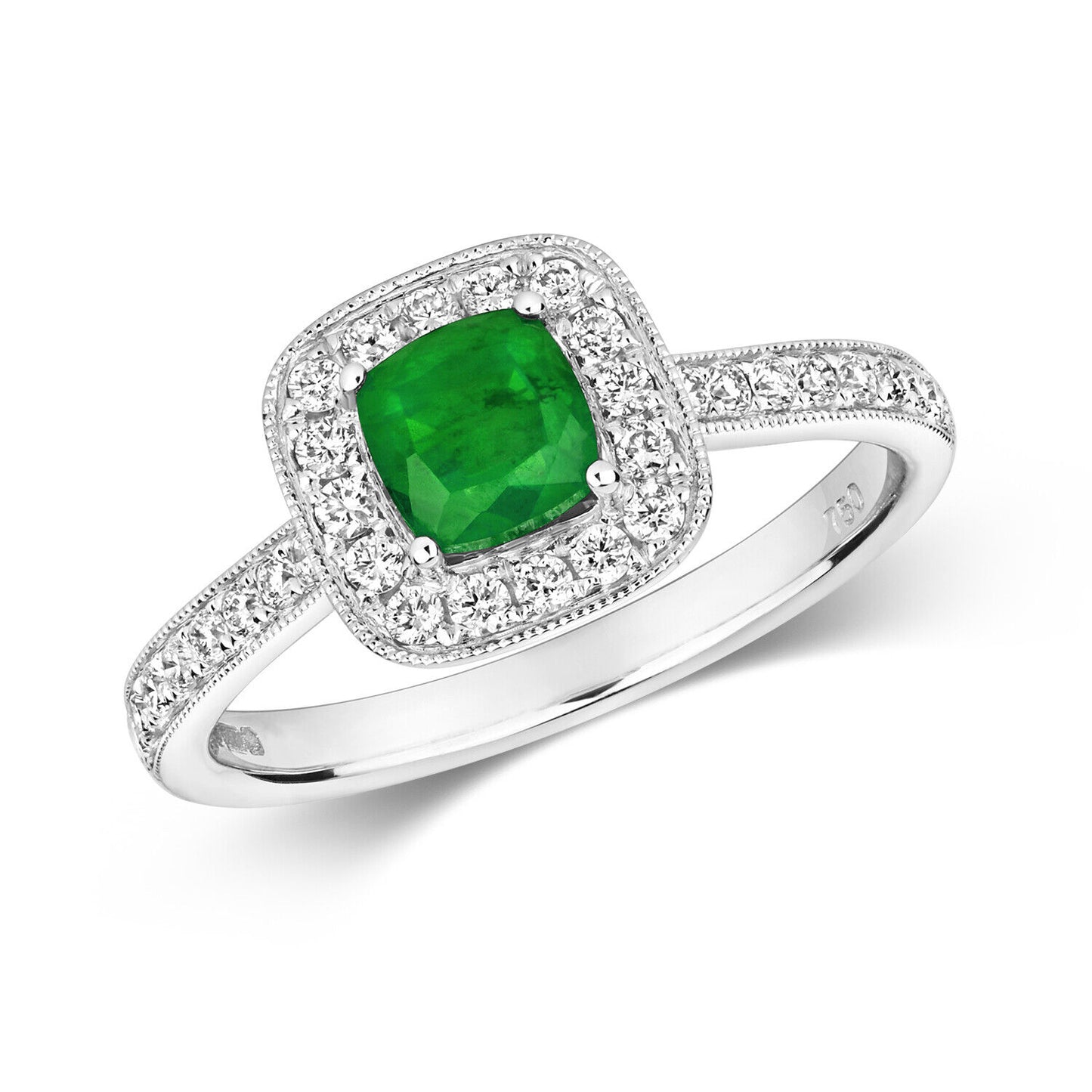 Real Emerald and Diamond Ring 18ct White Gold Square Cushion Cluster Halo