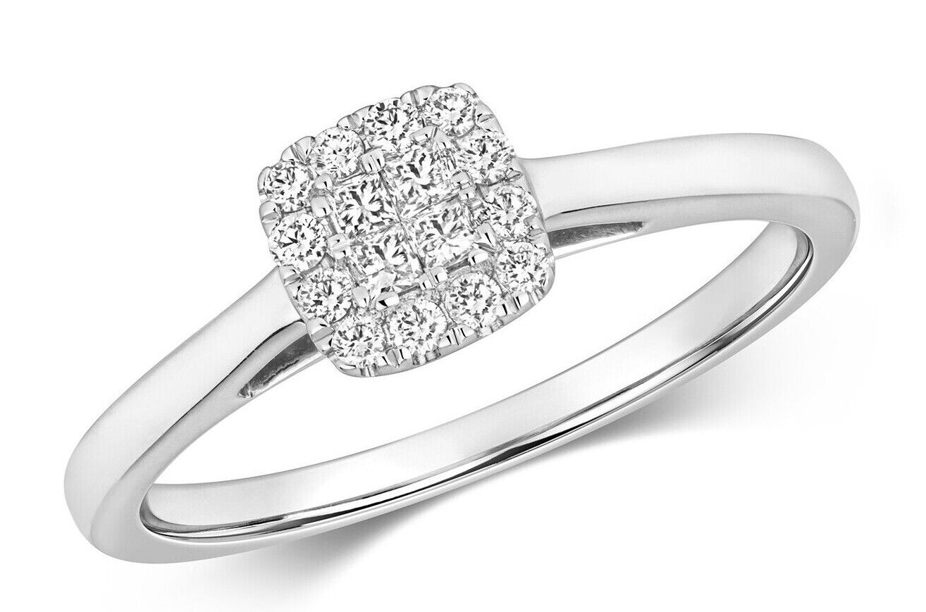 Real Diamond Cluster Ring Princess Cut Centre 9ct White Gold 0.20ctw Size J - Q