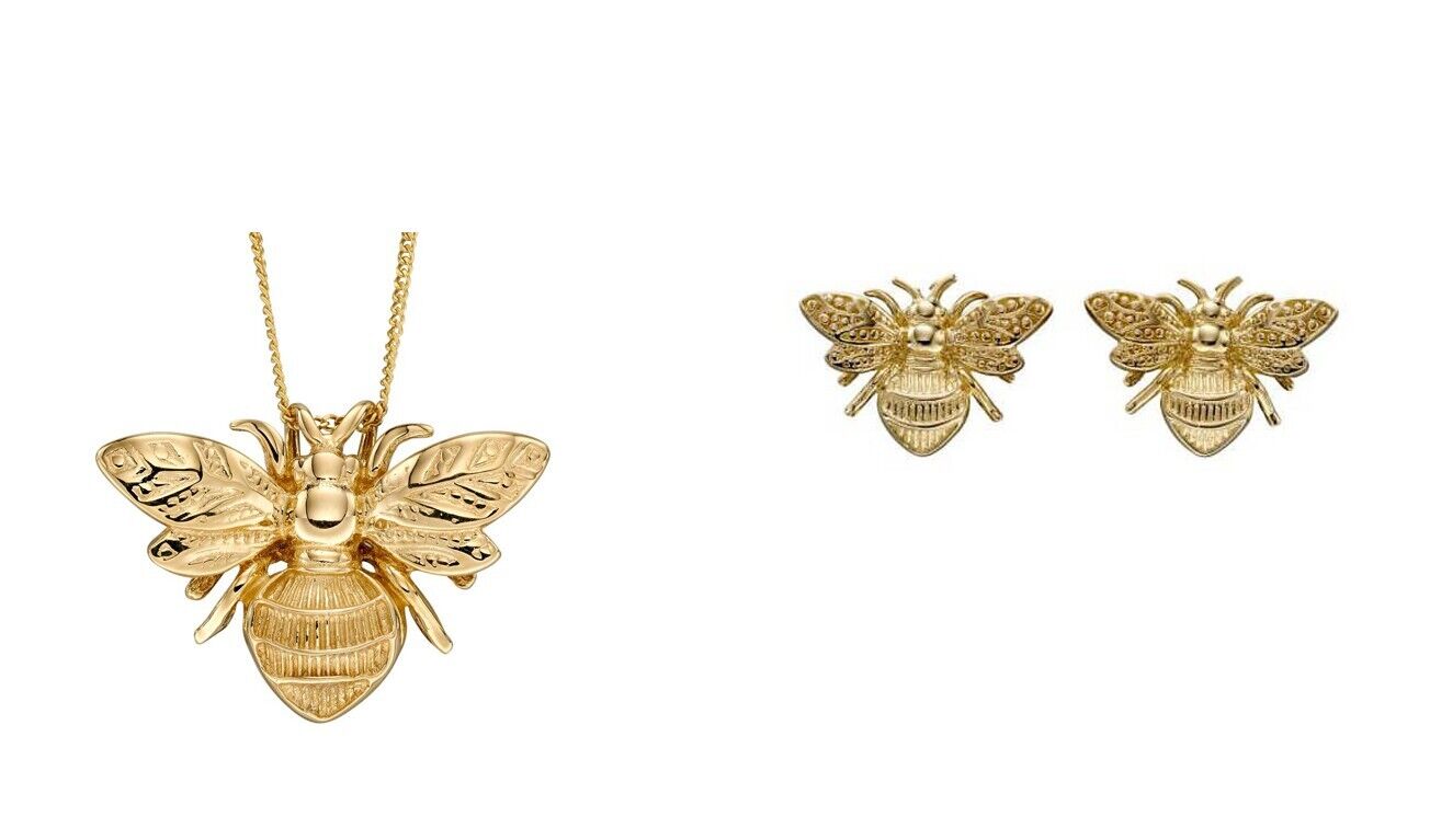 Yellow Gold Bee Pendant and Earrings Set Hallmarked 16, 18 or 20" Chain