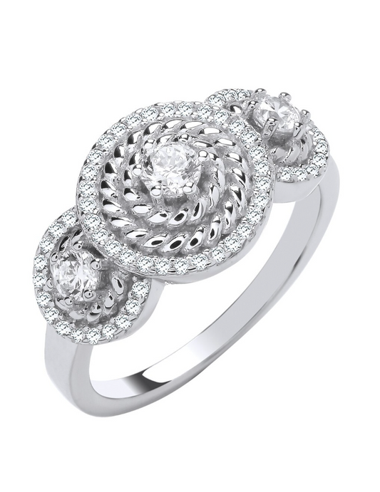 Solid Silver Trilogy Halo Zircon Ring Sizes J-Q British Made Silver 925 Hallmark