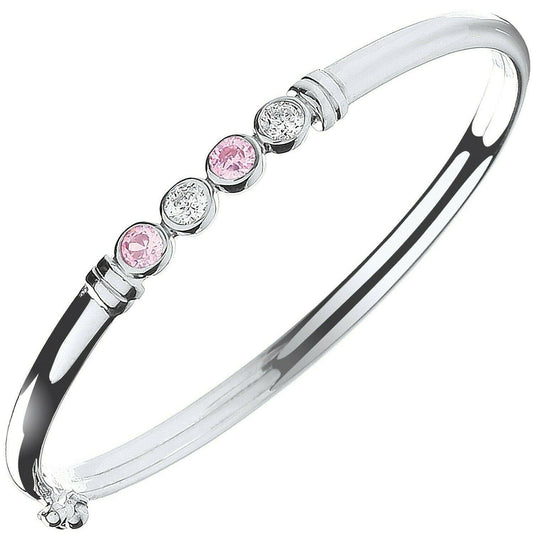 Solid Silver Baby Bangle Pink and White Gemstones Little Girls British Made