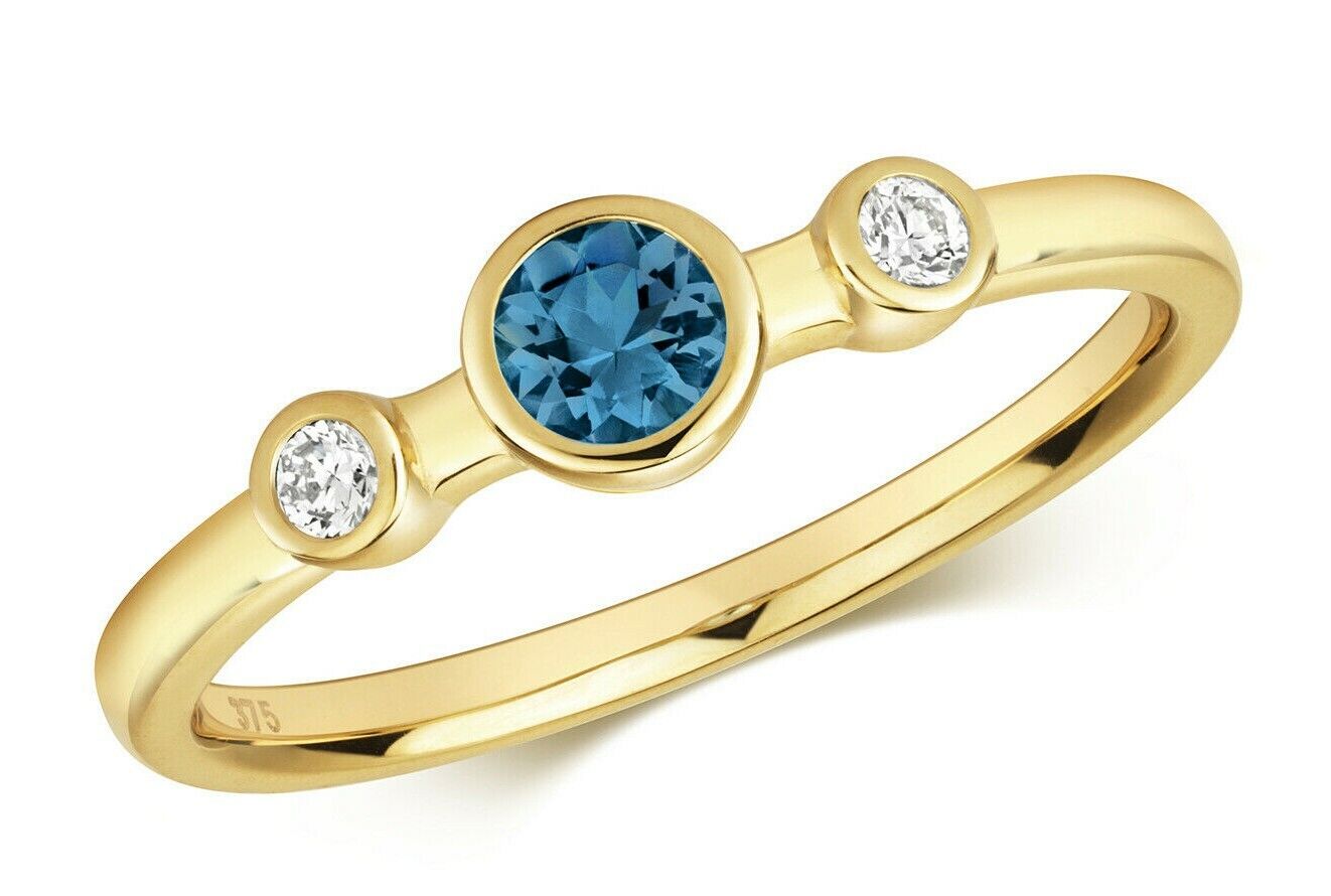 Real London Blue Topaz and Diamond Ring Solid Yellow Gold Three Stone