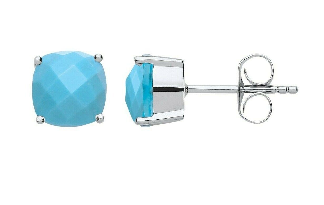 Turquoise Cushion Solitaire Earrings Sterling Silver Rhodium Plate 925 Hallmark