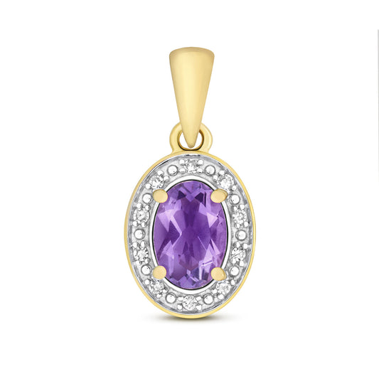 Amethyst and Diamond Oval Halo Pendant 9ct Yellow Gold Real Stones