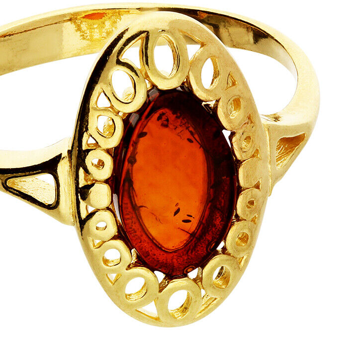 24k Yellow Gold Amber Ring on Solid Sterling Silver 925 Oval Statement