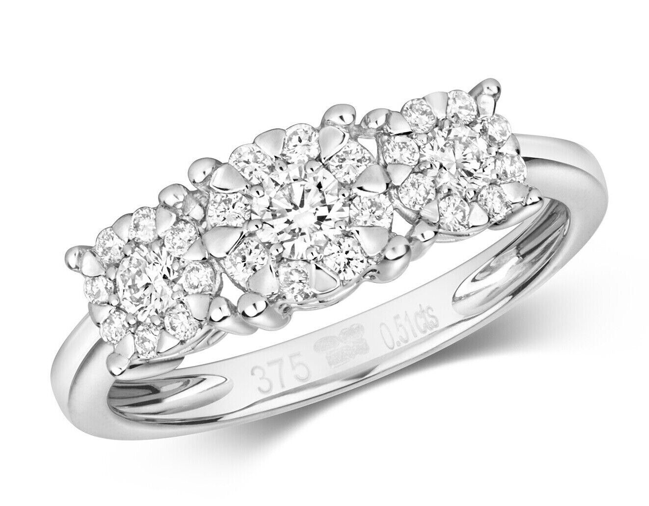 Real Diamond Three Cluster Ring 9ct White Gold 0.51 carat of Diamonds