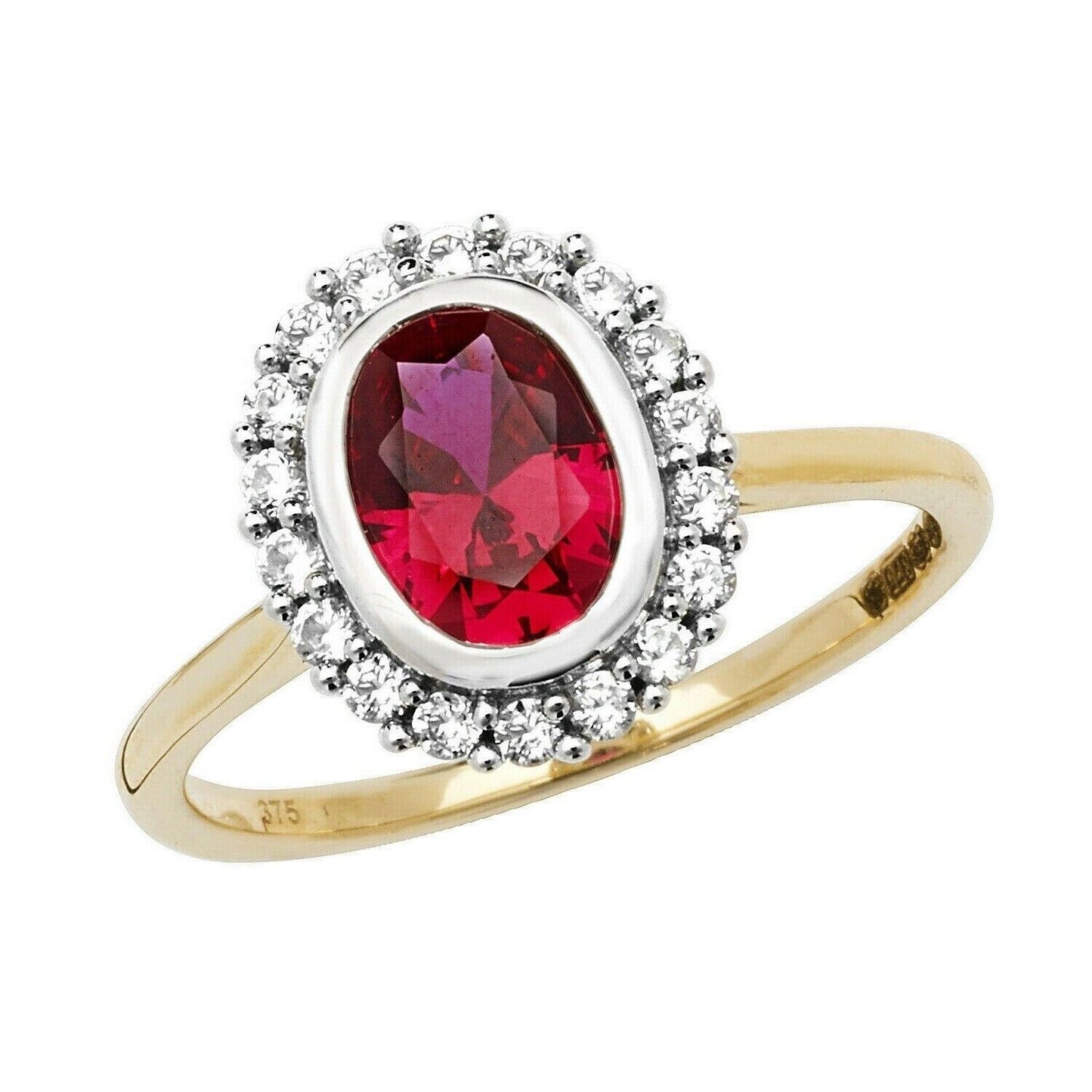 Yellow Gold Ruby Ring White Sapphire Engagement Cluster Dress Hallmarked British