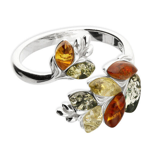 Mixed Amber Leaf Open Ring Statement Cocktail Wrap Solid Sterling Silver 925
