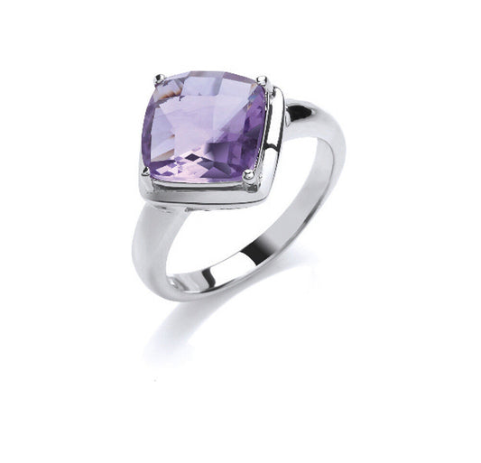 Amethyst Ring Solitaire Solid Sterling Silver Large faceted Cushion