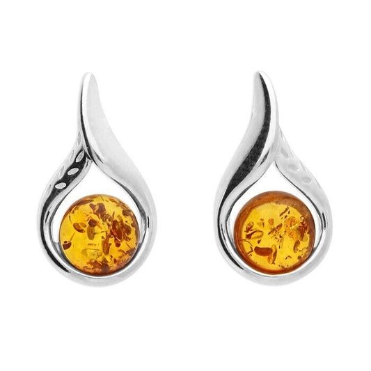 Cognac Amber Teardrop Loop Stud Earrings Solid Sterling Silver 925