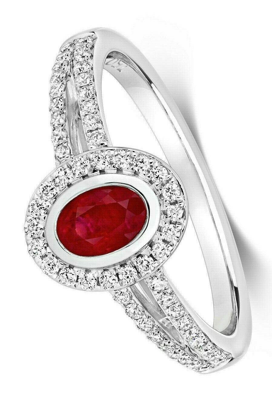 Real Ruby and Diamond Ring 18ct White Gold Cluster Oval Halo Split Shoulders