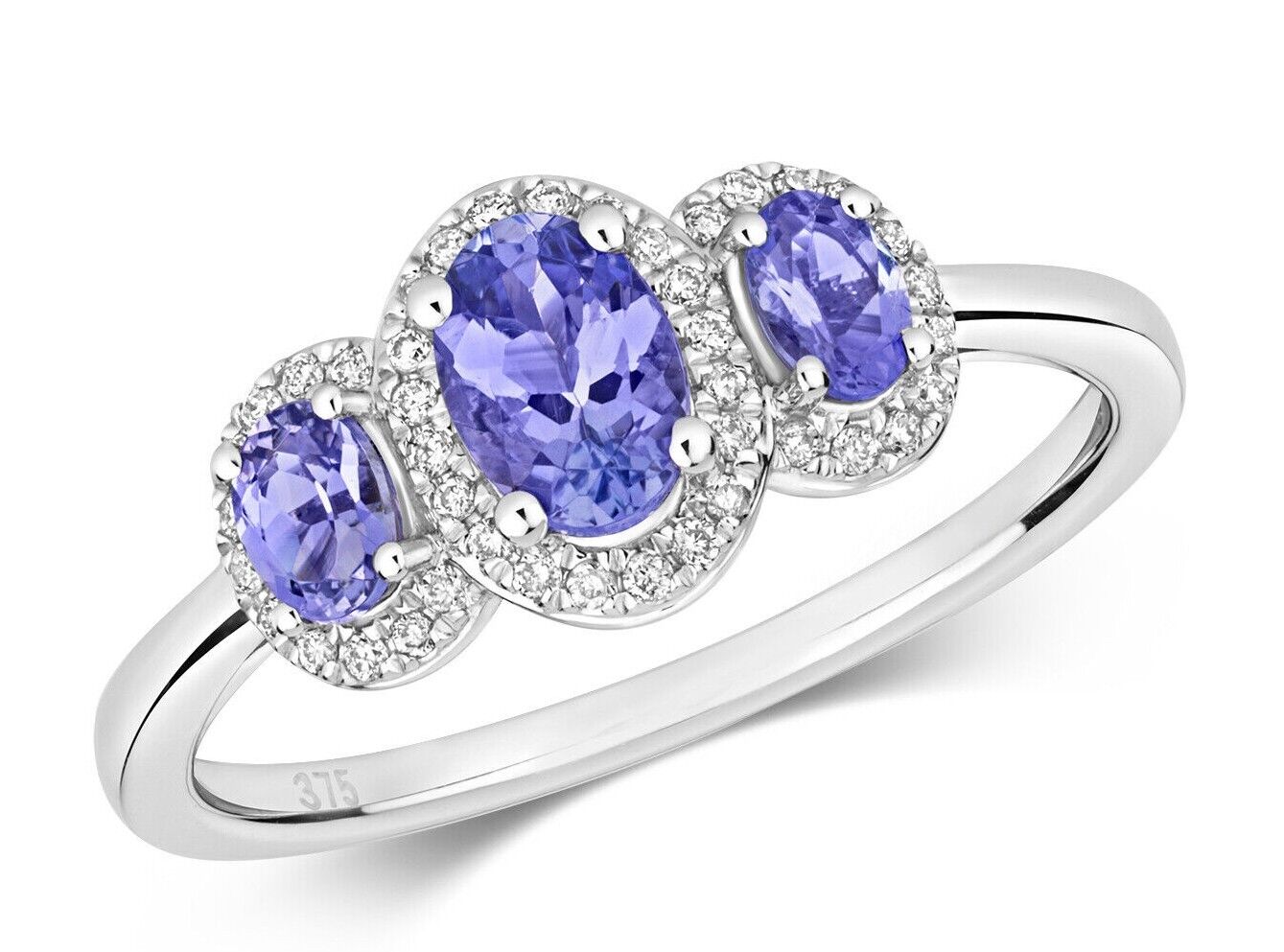 Real Tanzanite and Diamond Ring 9ct White Gold Three Stone Size J - Q