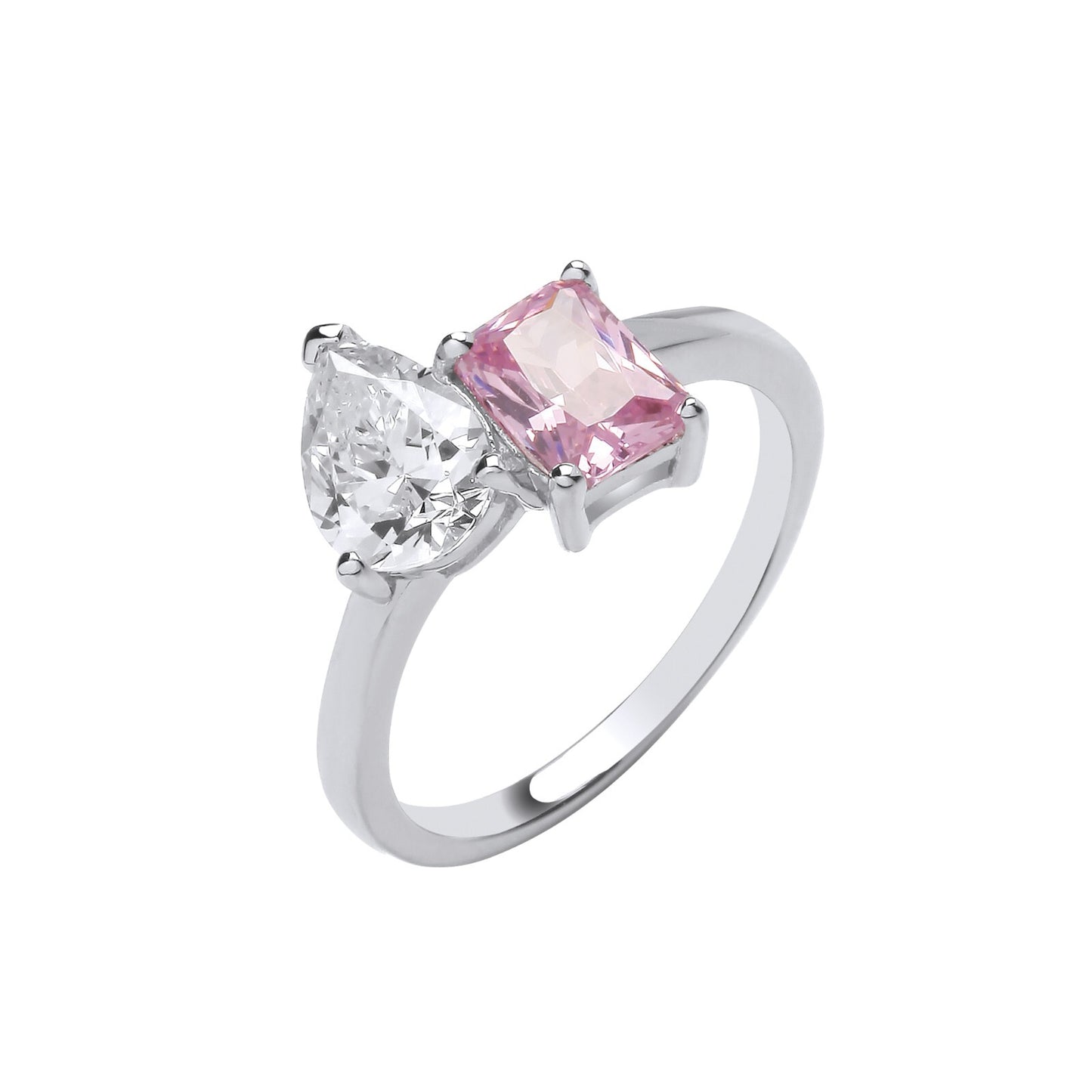 Pink and Clear two Stone Zircon Ring Sizes J-Q British Made Silver 925 Hallmark