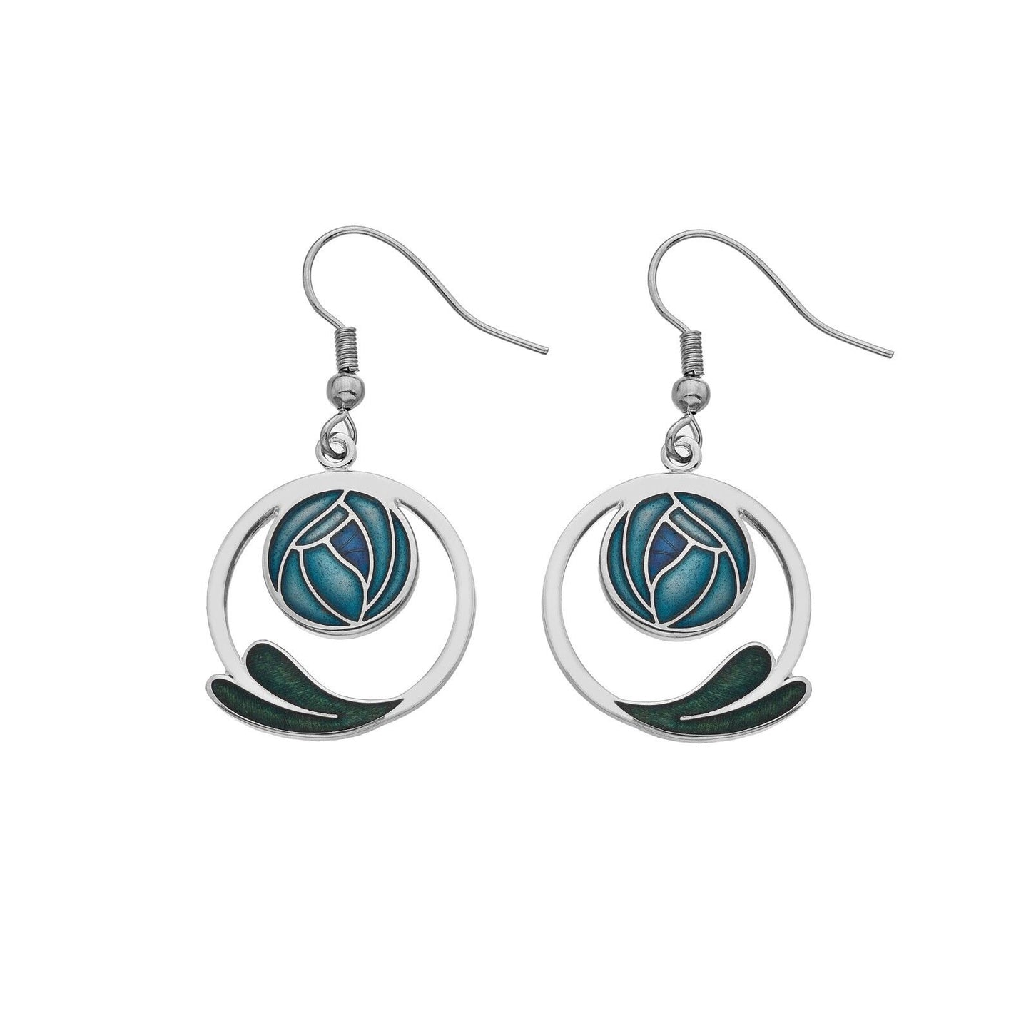 Mackintosh Rose Drop Earrings Coiled Leaf Silver Plated Branded Packaging