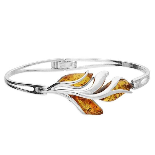 Cognac Amber Leaf Bud Bangle Solid Sterling Silver Hallmarked