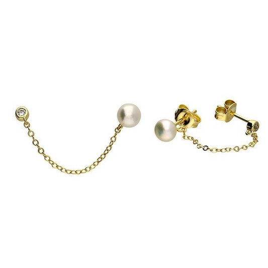 Freshwater Pearl Double Stud Earrings Chain 18ct Gold on Solid Sterling Silver