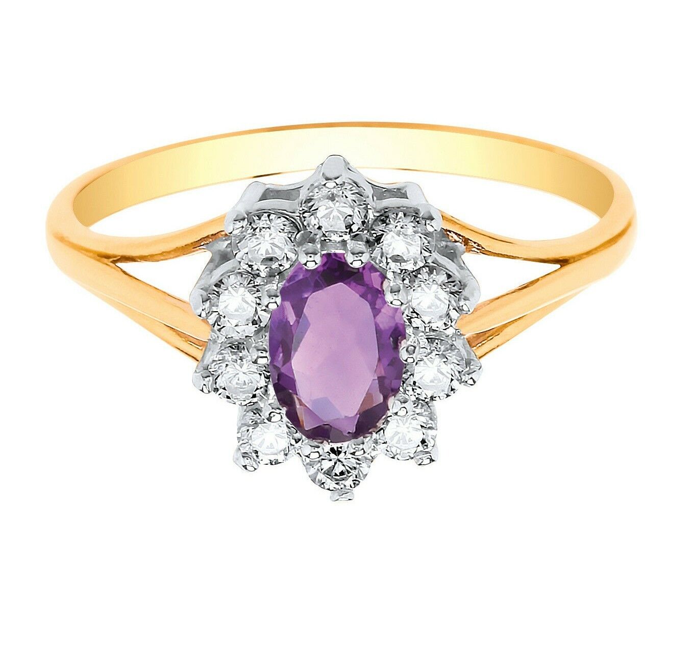 9ct Yellow Gold Amethyst Ring Cluster Engagement Dress Fully Hallmarked