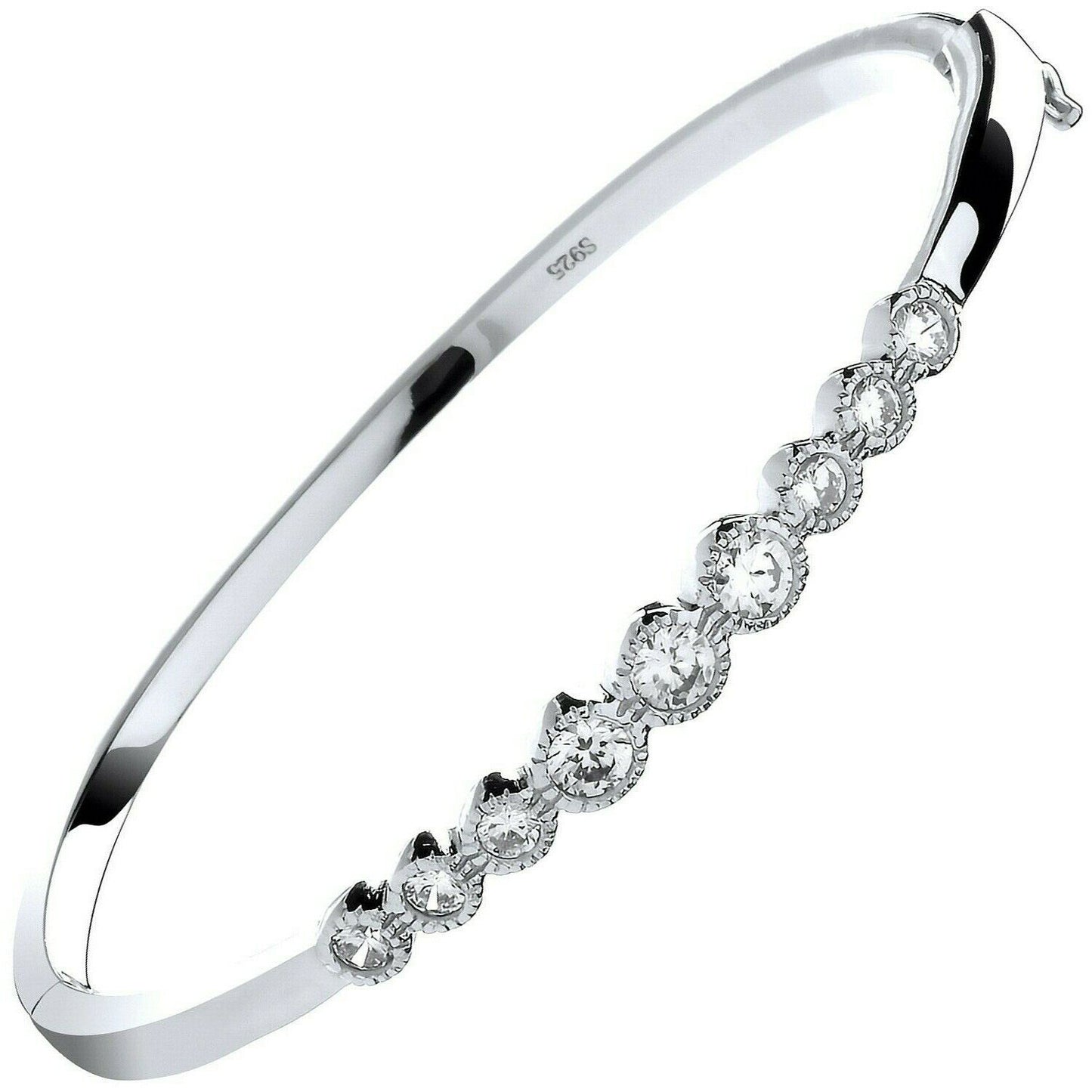 Sterling Silver Rubover Gemstone Ladies Hinged Bangle