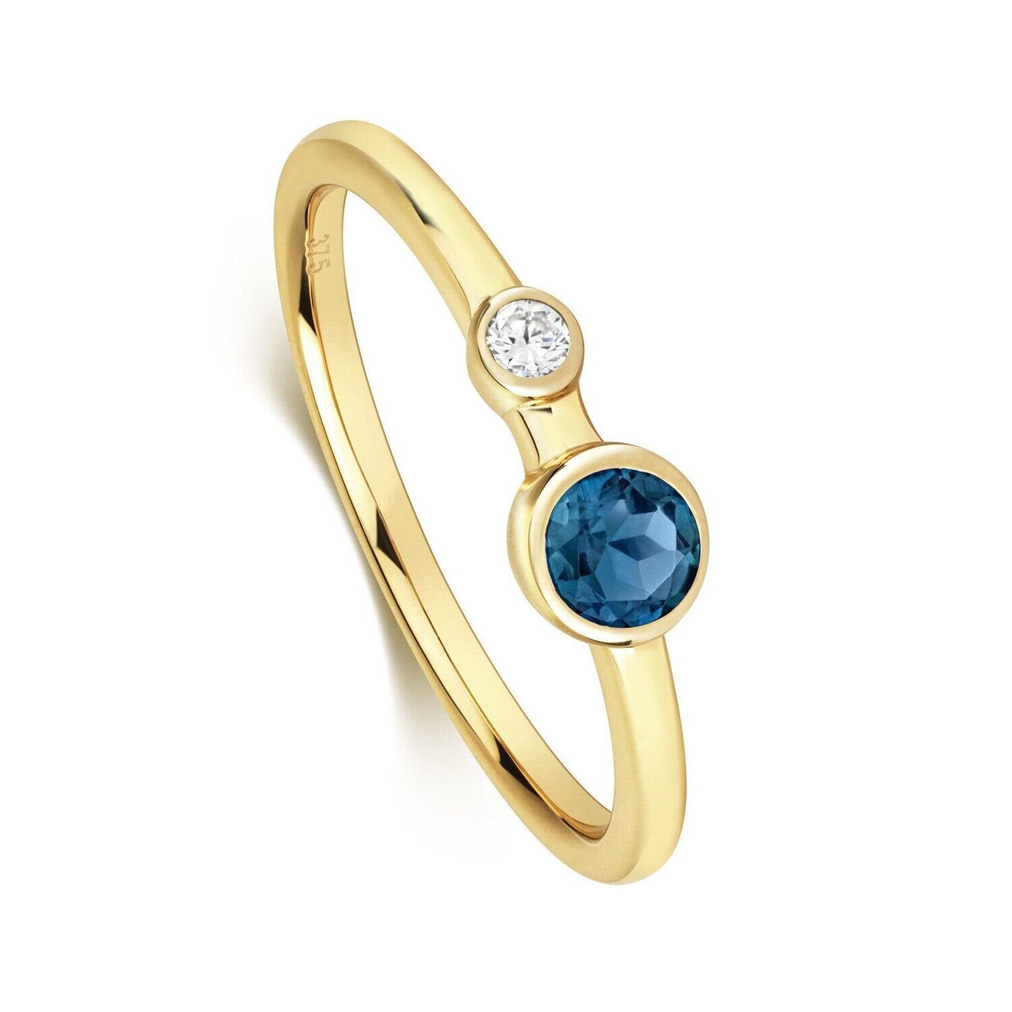 Real London Blue Topaz and Diamond Ring Solid Yellow Gold Solitaire Size J-Q
