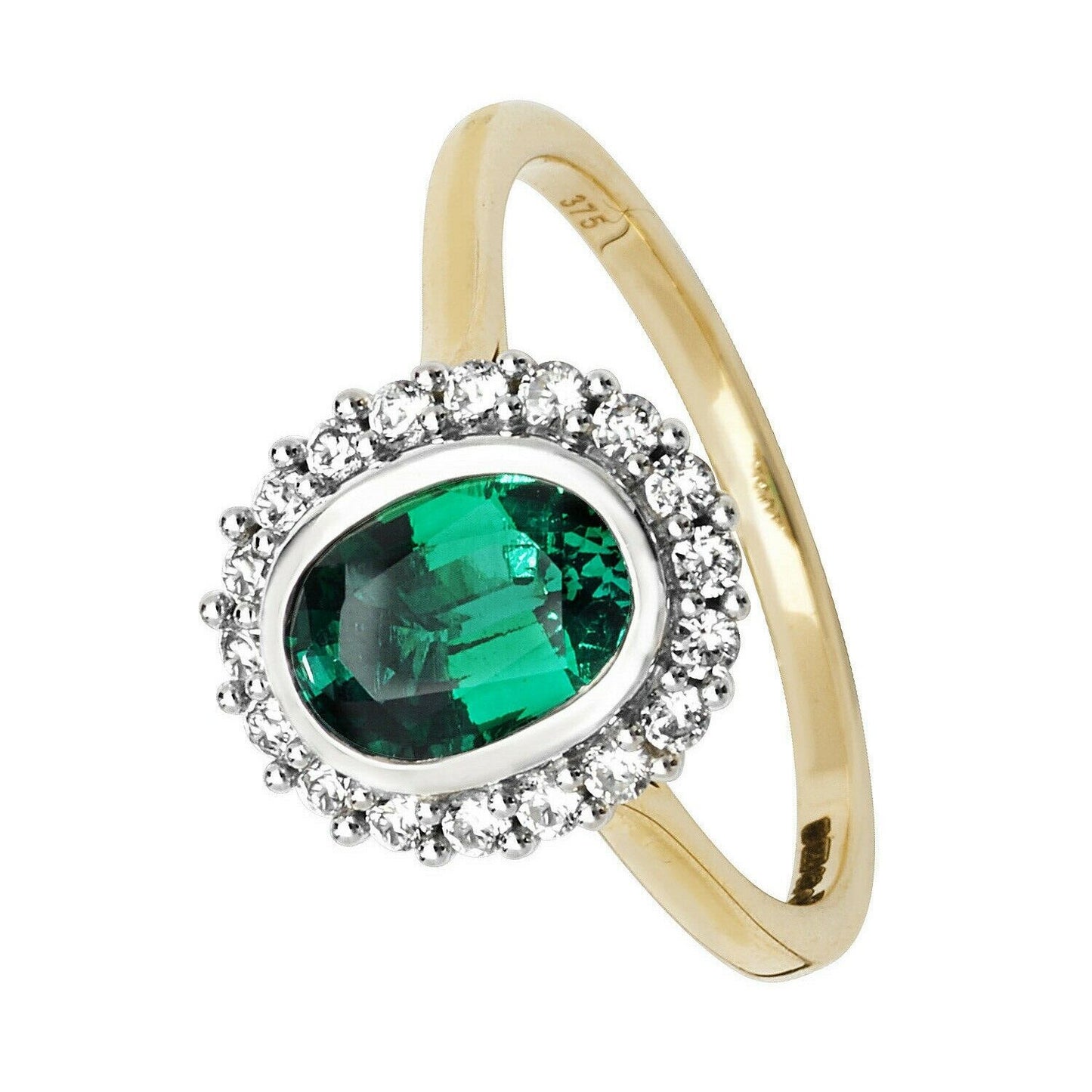 Yellow Gold Emerald Ring White Sapphire Engagement Cluster Dress Hallmarked