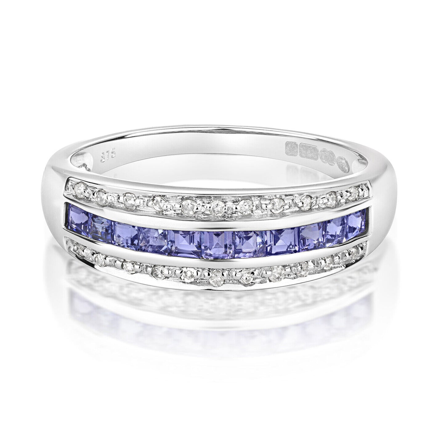 Real Tanzanite and Diamond Eternity Band Ring Solid White Gold Square Princess
