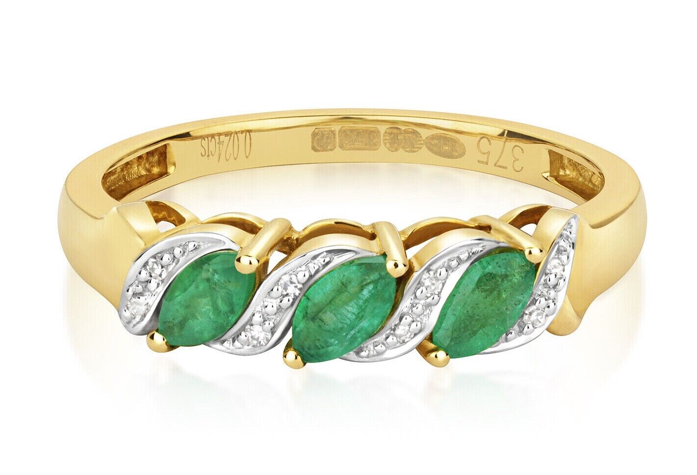 Real Emerald and Diamond Ring Solid Yellow Gold Three Stone Marquise Trilogy