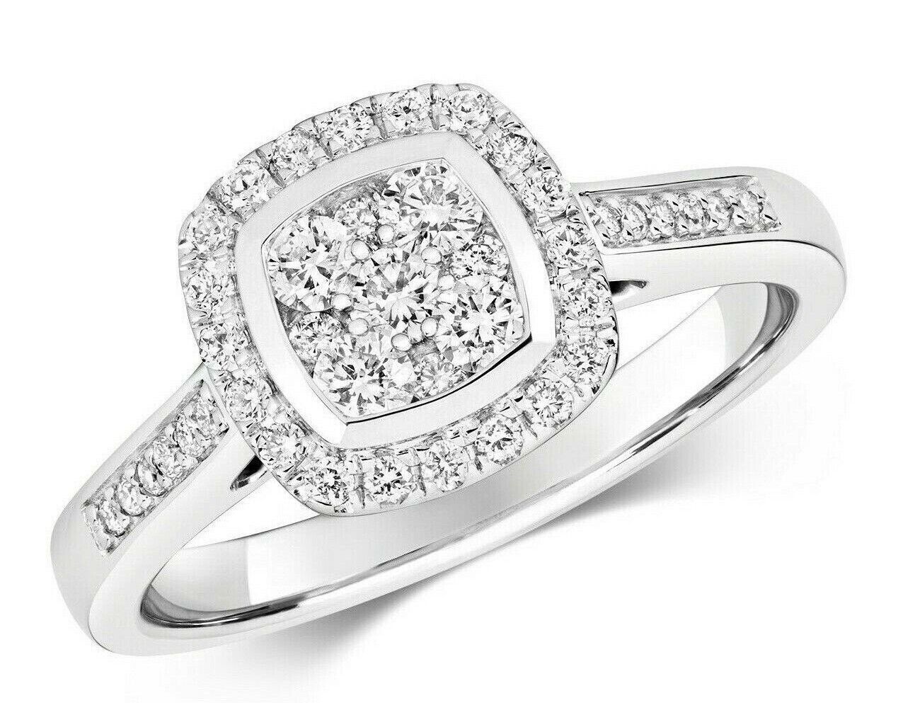 Real Diamond Ring 9ct White Gold Square Cushion Cluster Halo 0.50 Carat Weight