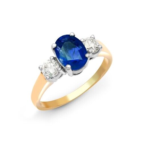 Real Sapphire and Diamond Ring 18ct Yellow Gold Three Stone Trilogy