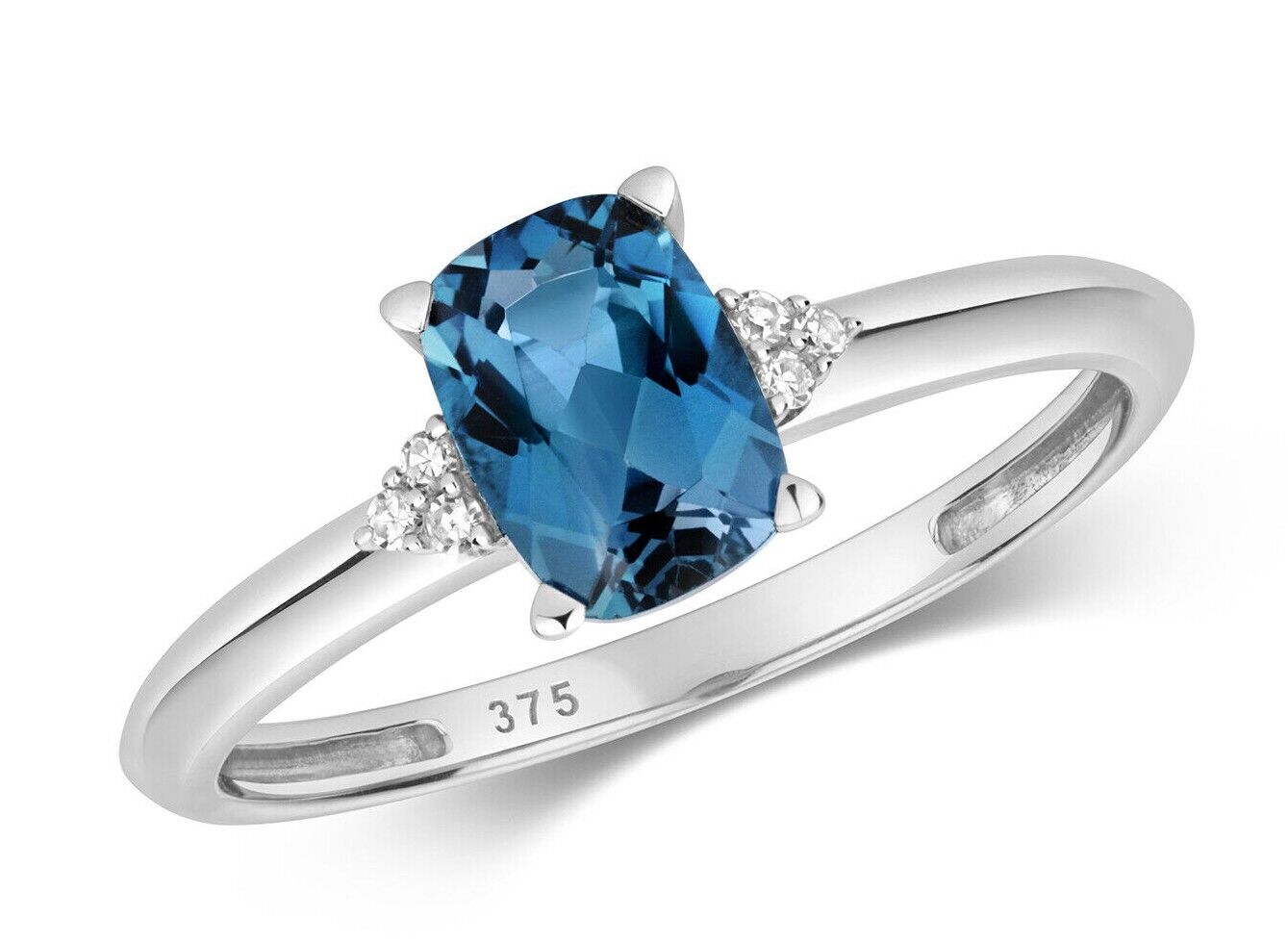 Real London Blue Topaz and Diamond Ring Solid White Gold Solitaire Size J - Q