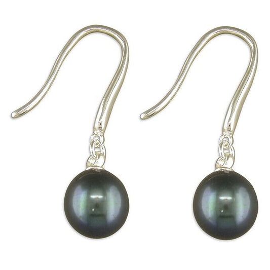 Black Freshwater Pearl Hook-in Drop Earrings Solid Sterling Silver 925 Hallmark