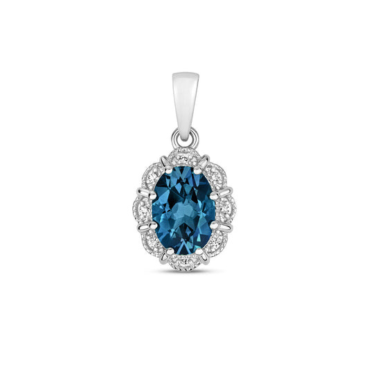 London Blue Topaz and Diamond Oval Pendant 9ct White Gold Necklace