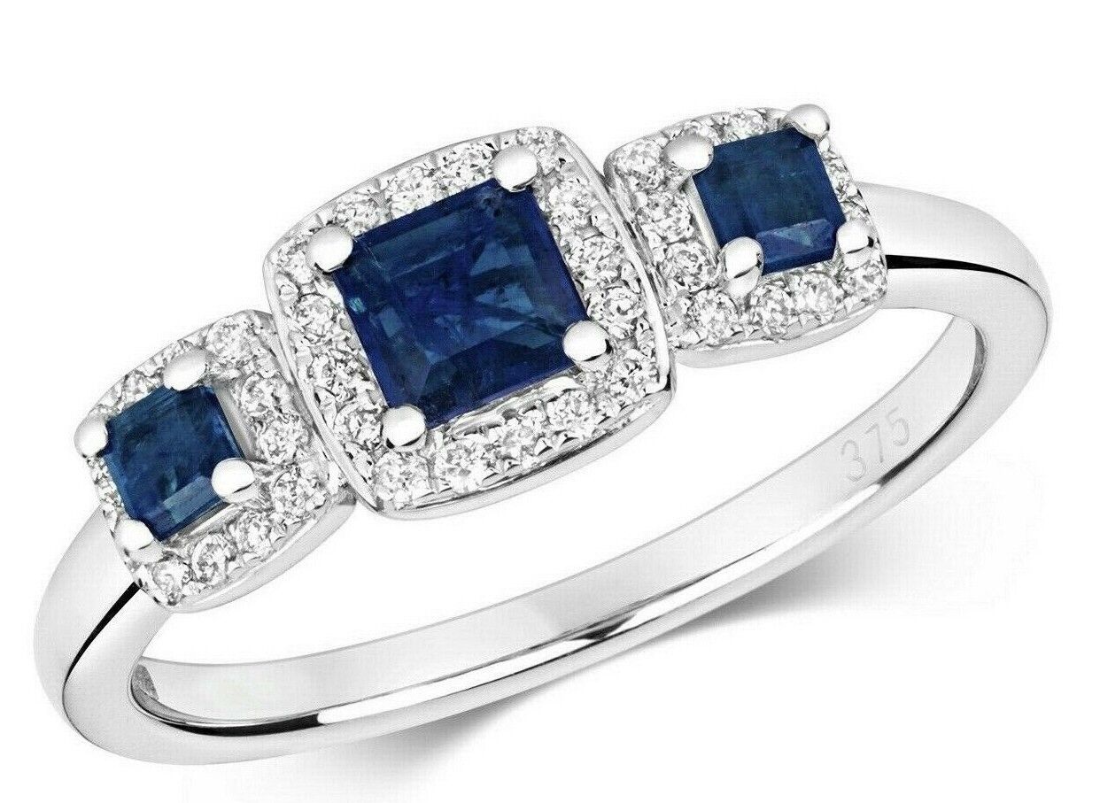Real Sapphire and Diamond Trilogy Ring 9ct White Gold Three Stone Engagement
