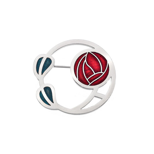 Mackintosh Rose and Leaves Brooch Red Silver Plated Brand New Gift Packaging