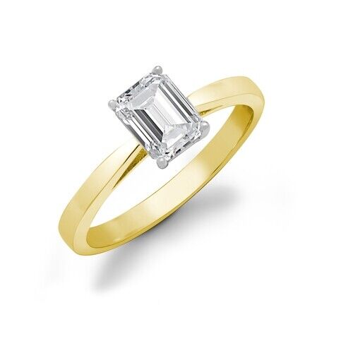 Real Emerald Cut Diamond Solitaire Ring 18 Carat Yellow Gold 1.00ctw
