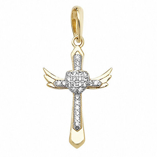 9ct Gold Cross Pendant Heart With Wings Simulated Diamond Hallmarked