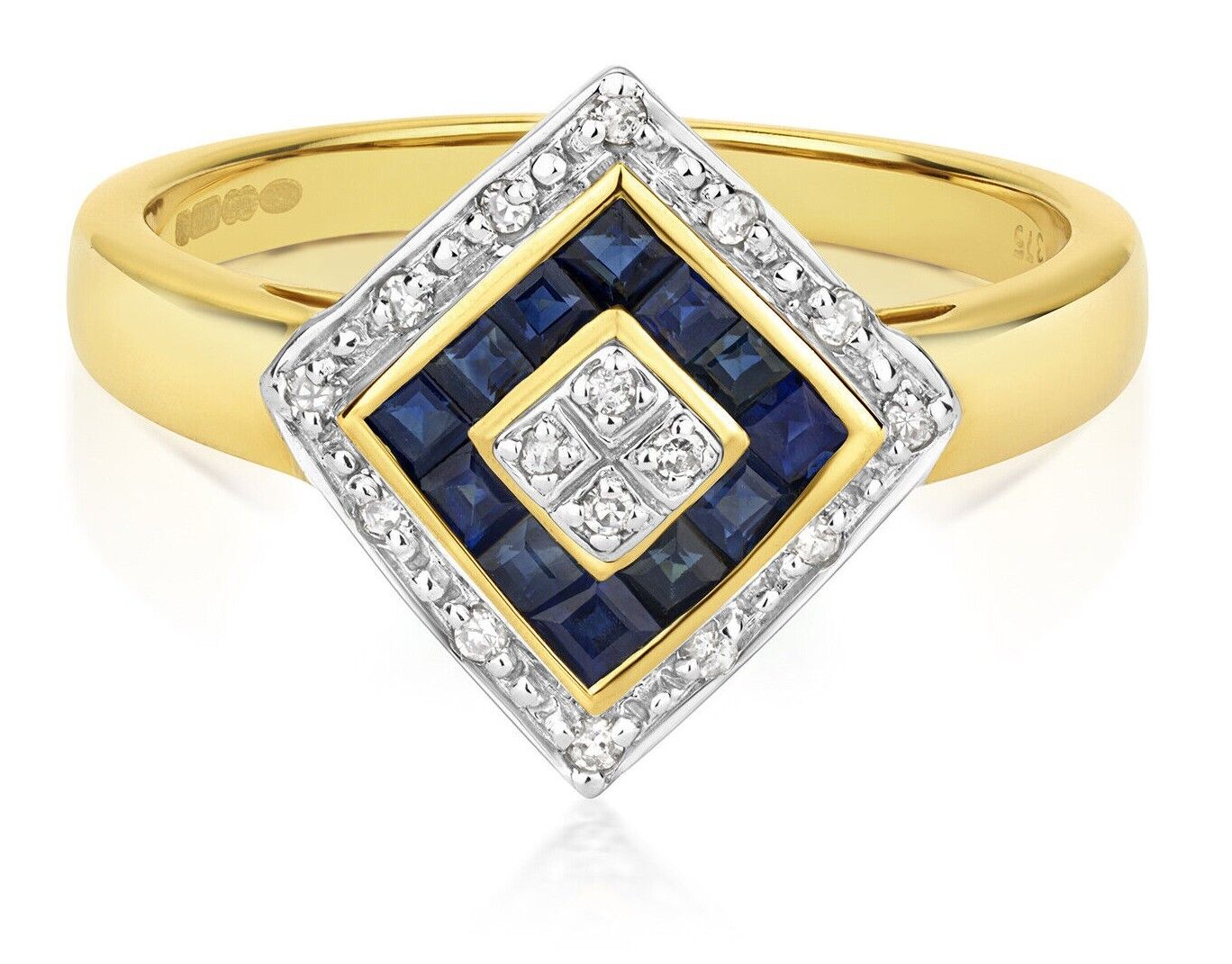 Real Sapphire and Diamond Ring Solid Yellow Gold Square Cluster Size JKLMNOPQ