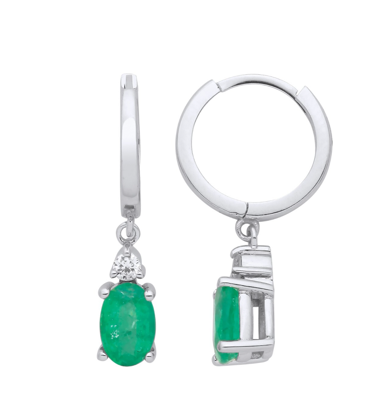 9ct White Gold Emerald and Diamond Hoop Drop Earrings Hallmarked 20mm Drop