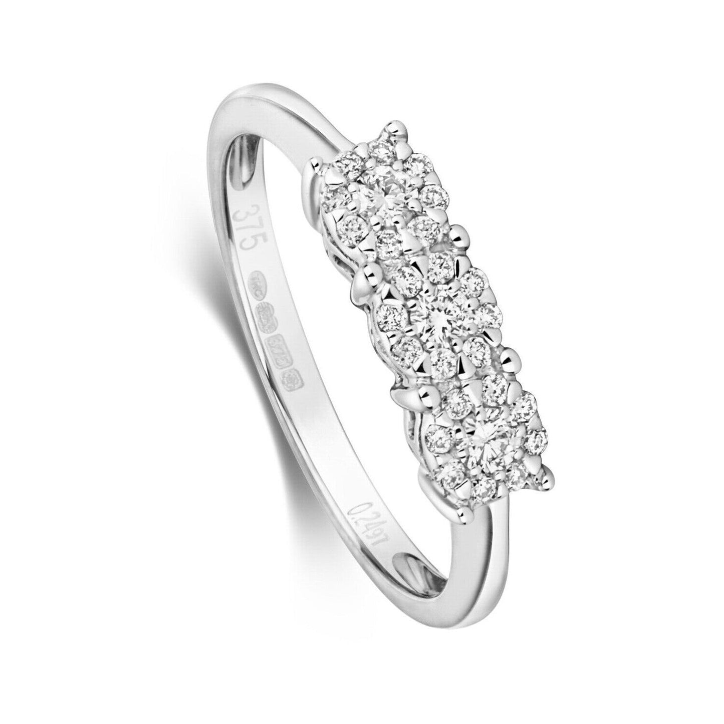 Real Diamond Ring Three Stone Cluster 9ct White Gold Trilogy 0.24ctw Size J-Q