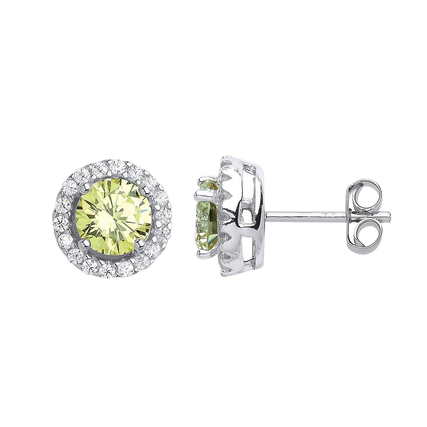 Peridot Halo Stud Earrings Solid Sterling Silver Rhodium Plate 925 Hallmark 9mm
