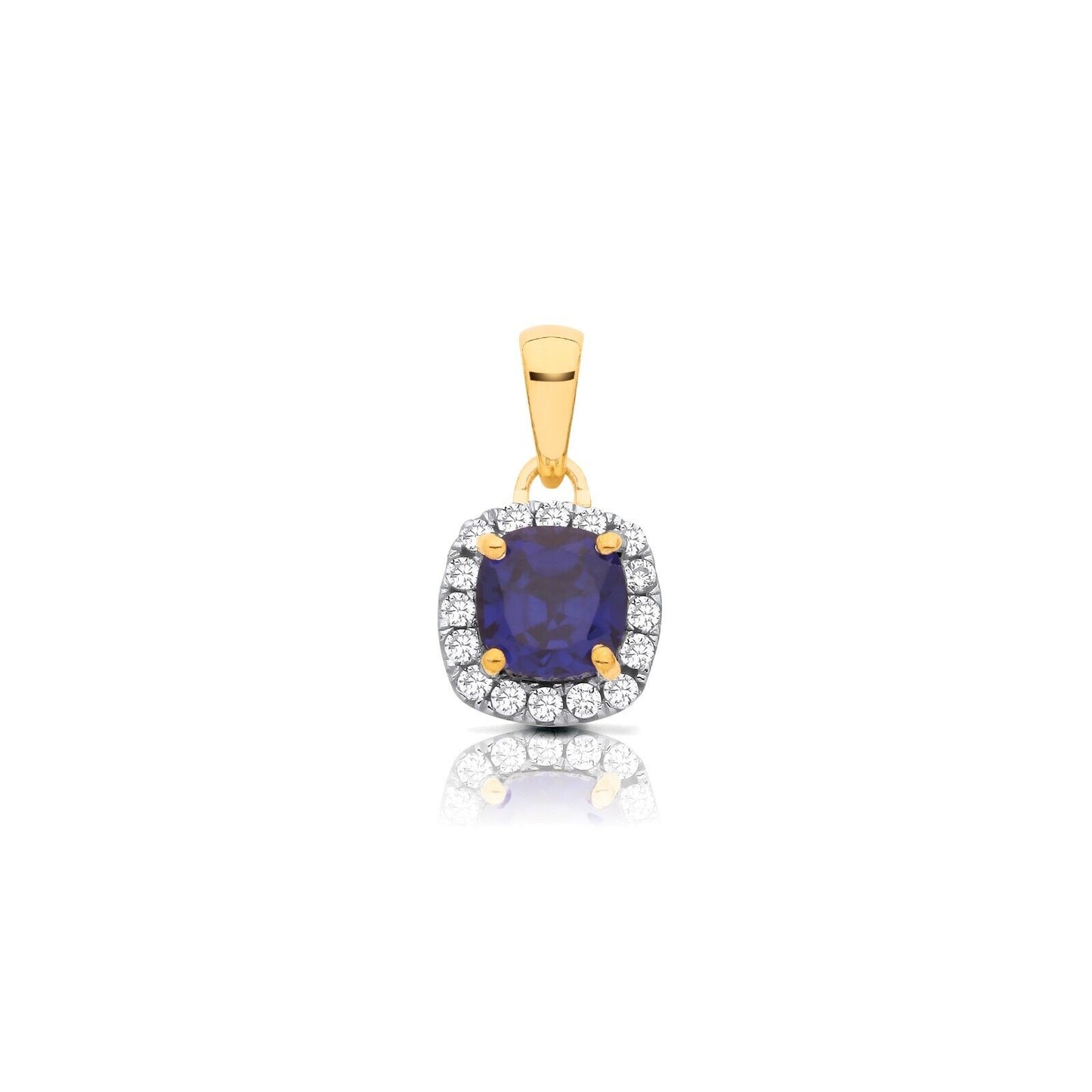 Sapphire Cushion Cluster Pendant Solid 9ct Yellow Gold 18" Chain Hallmarked