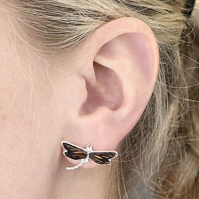 Striking Amber Dragonfly Stud Earrings Solid Sterling Silver 925