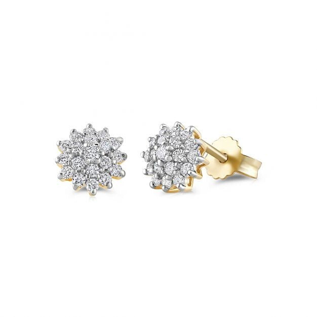 9ct Yellow Gold 0.50ct Diamond Cluster Stud Earrings Hallmarked - 7.7mm
