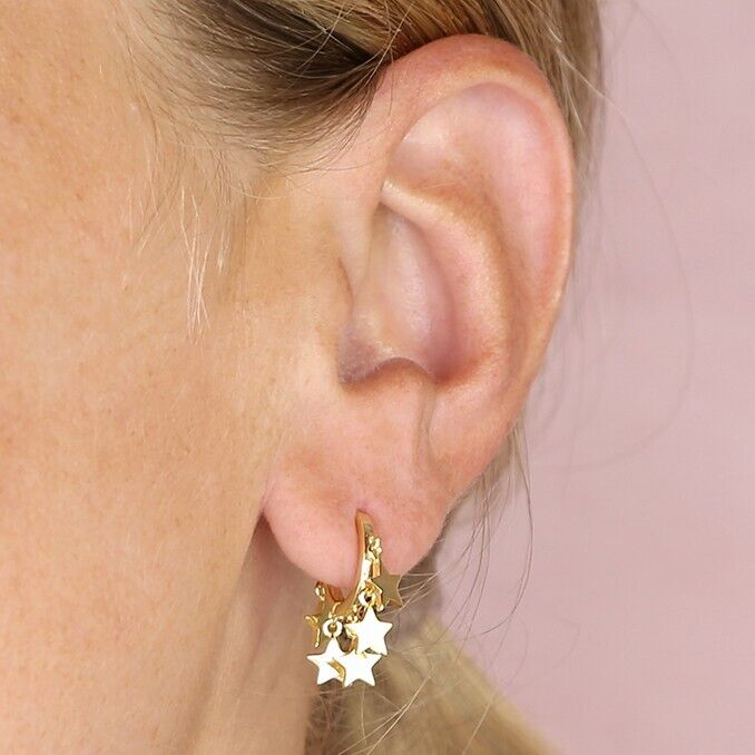 Multi Star Huggie Hoop Earrings 18ct Yellow Gold on Sterling Silver 925 hallmark
